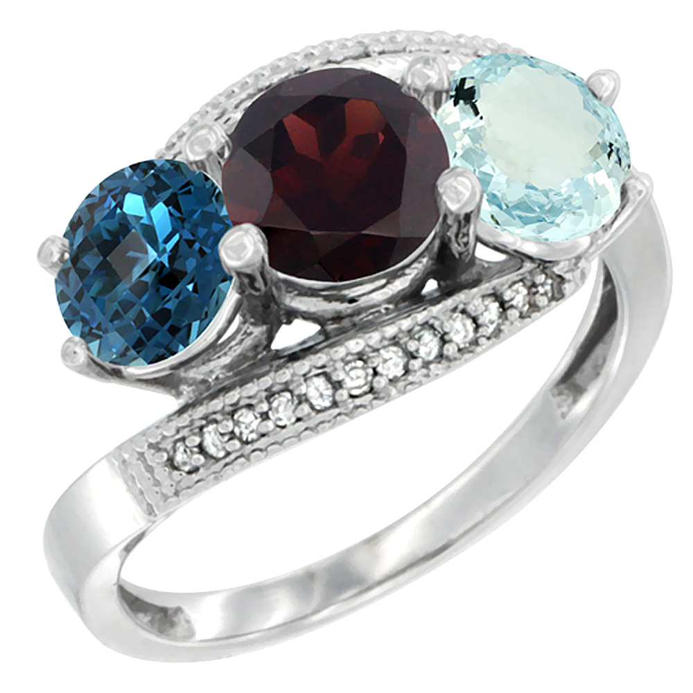 10K White Gold Natural London Blue Topaz, Garnet &amp; Aquamarine 3 stone Ring Round 6mm Diamond Accent, sizes 5 - 10