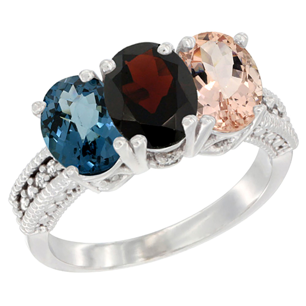 10K White Gold Natural London Blue Topaz, Garnet & Morganite Ring 3-Stone Oval 7x5 mm Diamond Accent, sizes 5 - 10