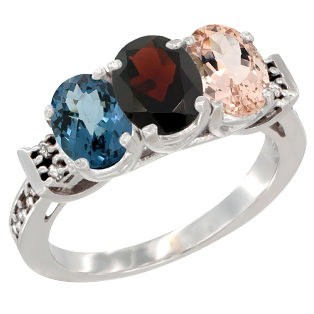 10K White Gold Natural London Blue Topaz, Garnet & Morganite Ring 3-Stone Oval 7x5 mm Diamond Accent, sizes 5 - 10