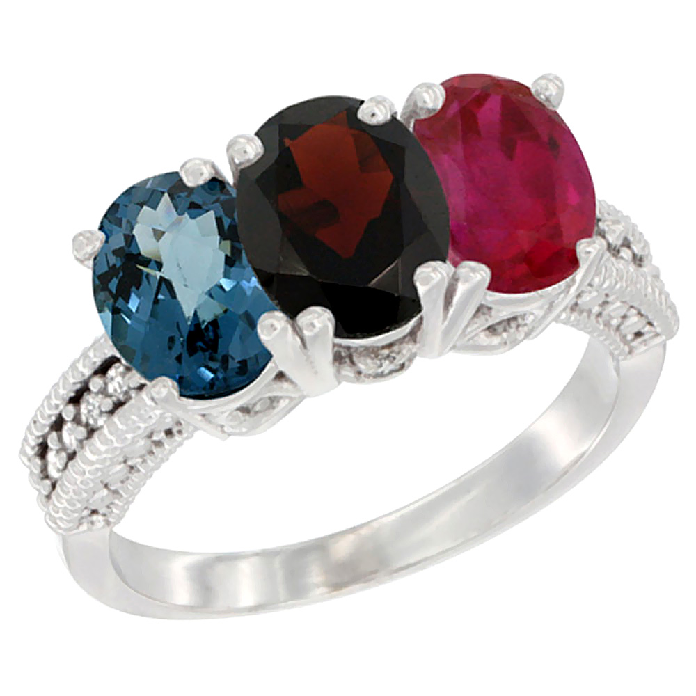 10K White Gold Natural London Blue Topaz, Garnet & Ruby Ring 3-Stone Oval 7x5 mm Diamond Accent, sizes 5 - 10