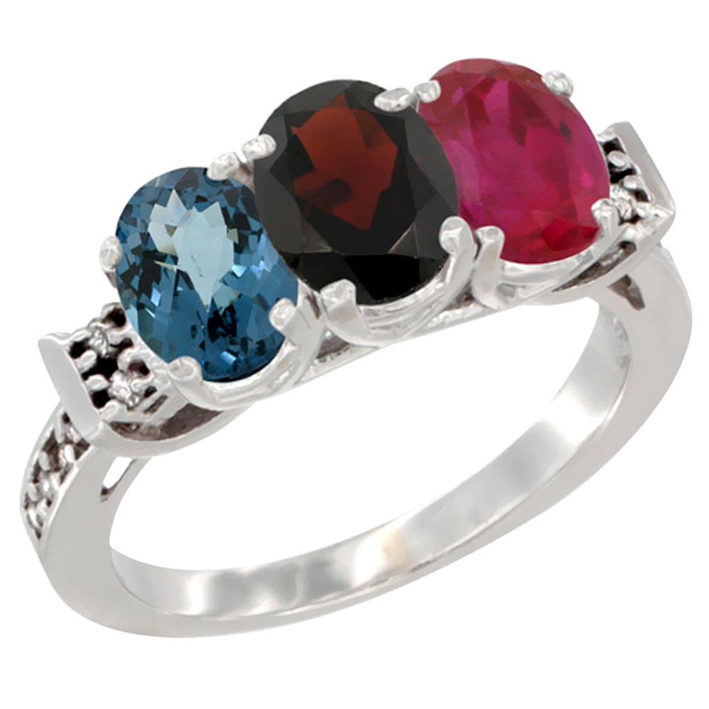 10K White Gold Natural London Blue Topaz, Garnet & Enhanced Ruby Ring 3-Stone Oval 7x5 mm Diamond Accent, sizes 5 - 10