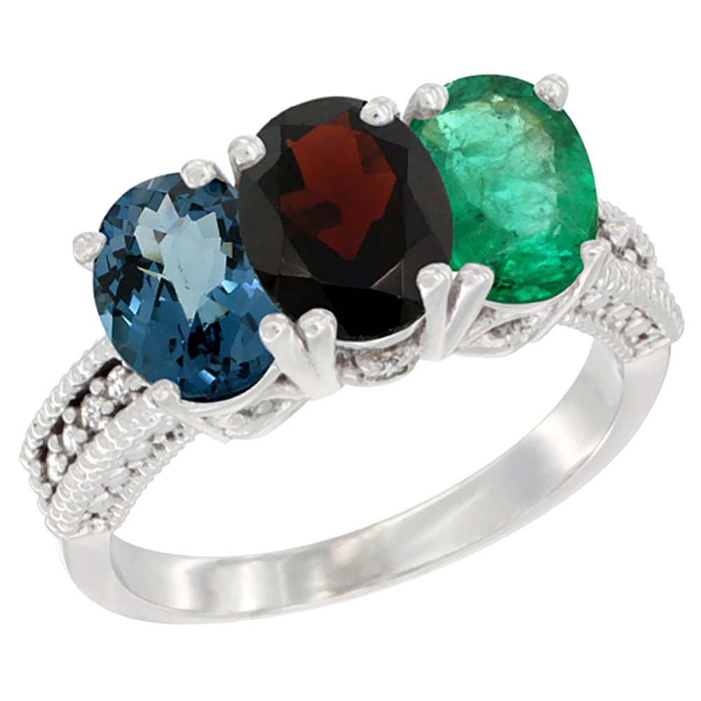 10K White Gold Natural London Blue Topaz, Garnet & Emerald Ring 3-Stone Oval 7x5 mm Diamond Accent, sizes 5 - 10