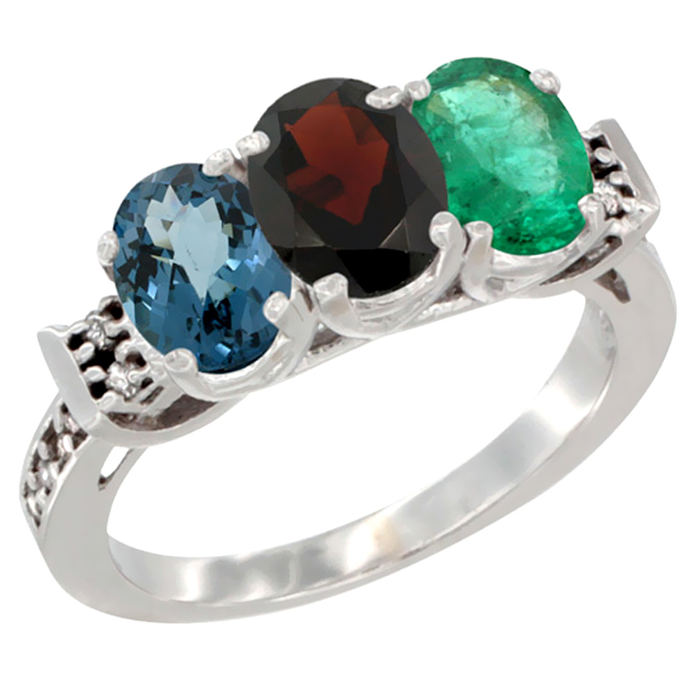 10K White Gold Natural London Blue Topaz, Garnet & Emerald Ring 3-Stone Oval 7x5 mm Diamond Accent, sizes 5 - 10