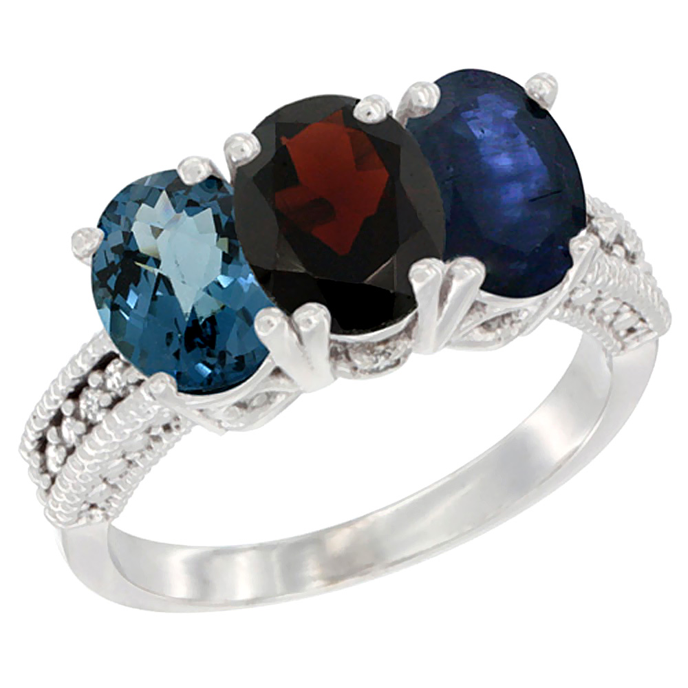 10K White Gold Natural London Blue Topaz, Garnet & Blue Sapphire Ring 3-Stone Oval 7x5 mm Diamond Accent, sizes 5 - 10