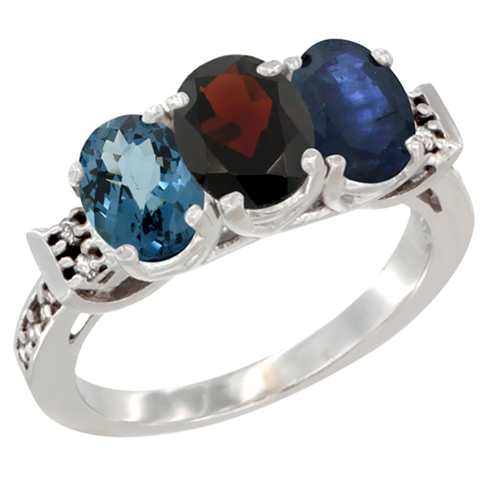 10K White Gold Natural London Blue Topaz, Garnet & Blue Sapphire Ring 3-Stone Oval 7x5 mm Diamond Accent, sizes 5 - 10