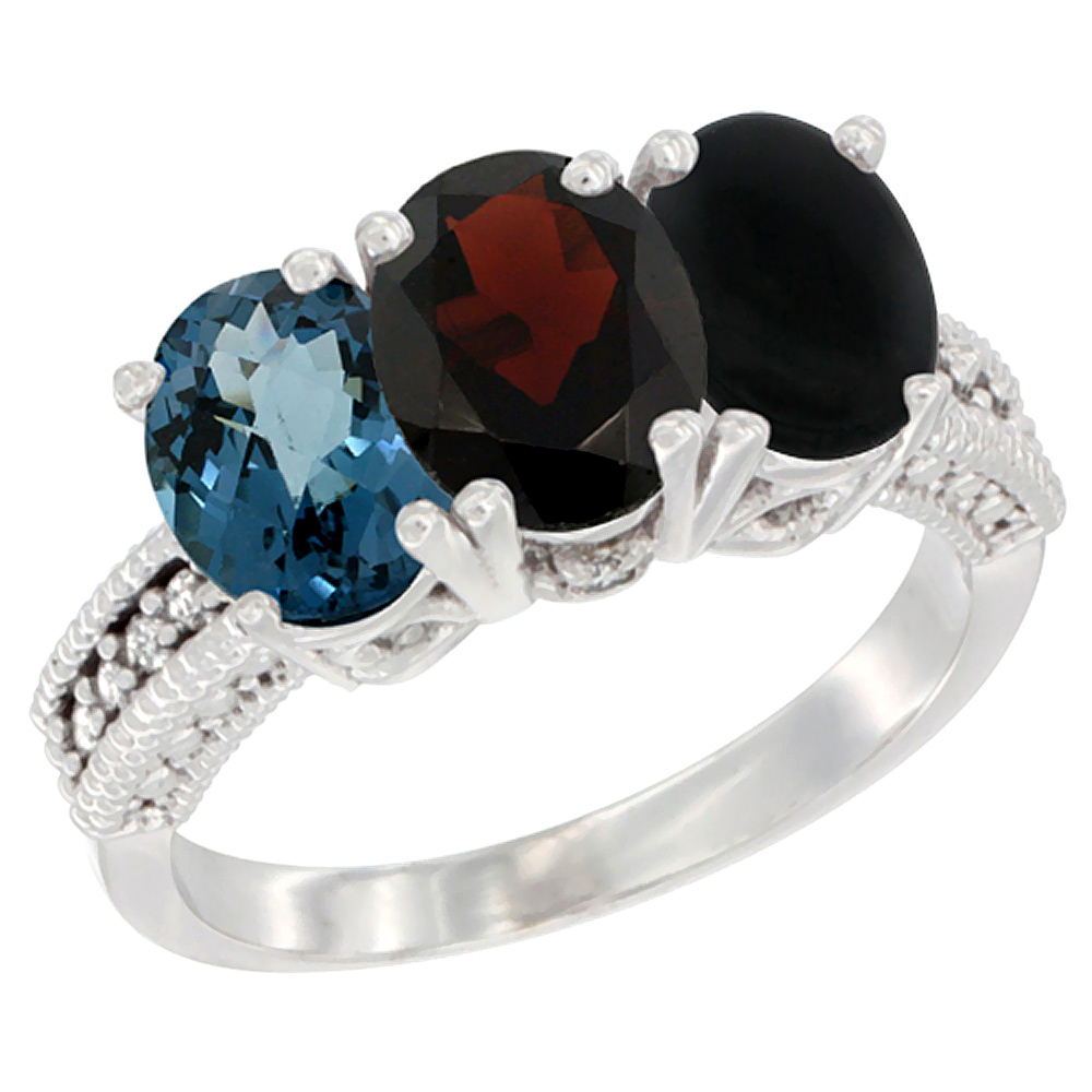 14K White Gold Natural London Blue Topaz, Garnet & Black Onyx Ring 3-Stone 7x5 mm Oval Diamond Accent, sizes 5 - 10