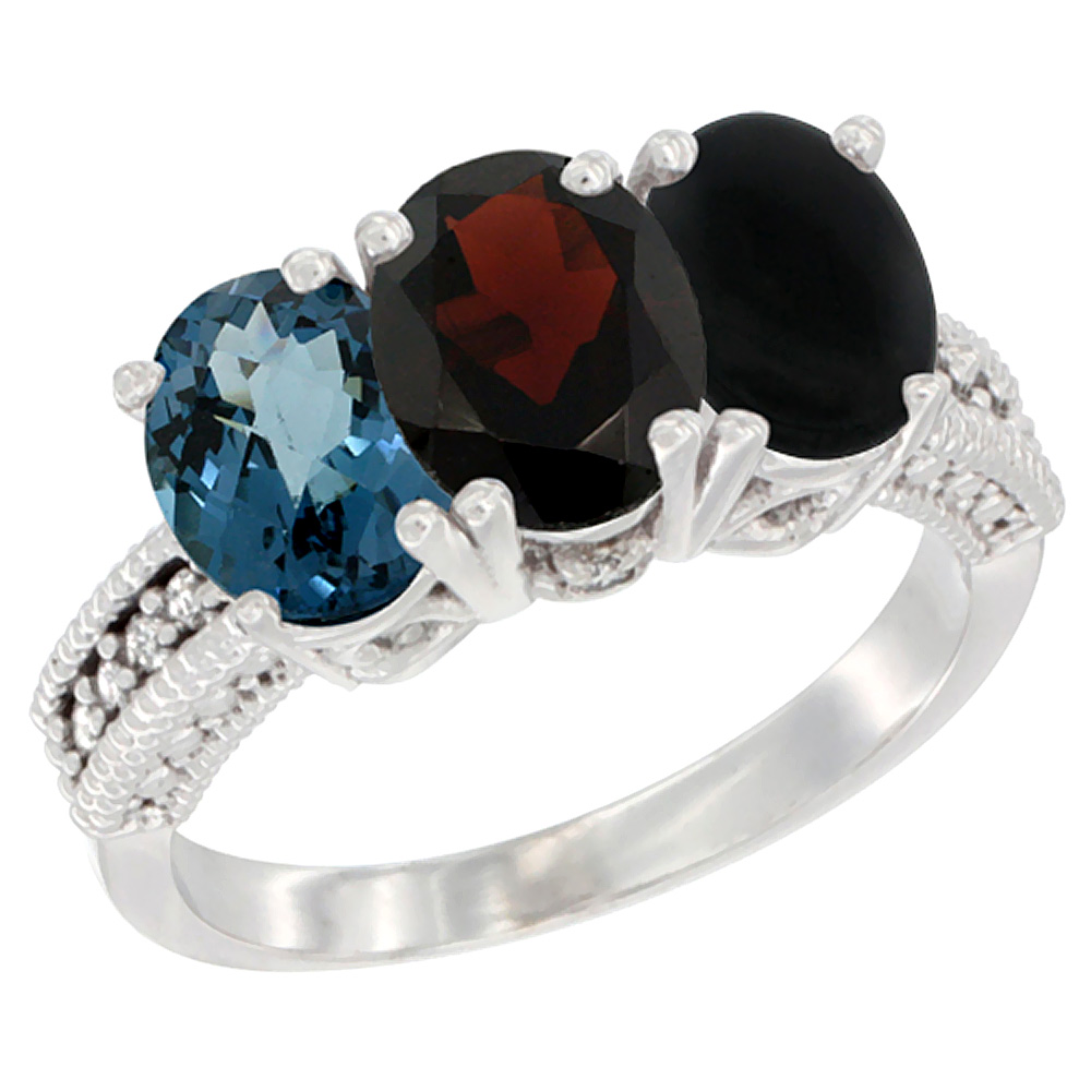 10K White Gold Natural London Blue Topaz, Garnet & Black Onyx Ring 3-Stone Oval 7x5 mm Diamond Accent, sizes 5 - 10