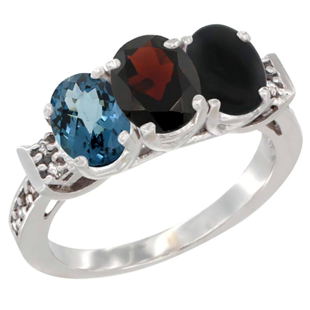 10K White Gold Natural London Blue Topaz, Garnet & Black Onyx Ring 3-Stone Oval 7x5 mm Diamond Accent, sizes 5 - 10