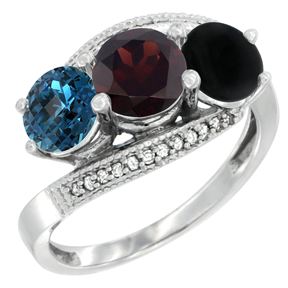 10K White Gold Natural London Blue Topaz, Garnet &amp; Black Onyx 3 stone Ring Round 6mm Diamond Accent, sizes 5 - 10