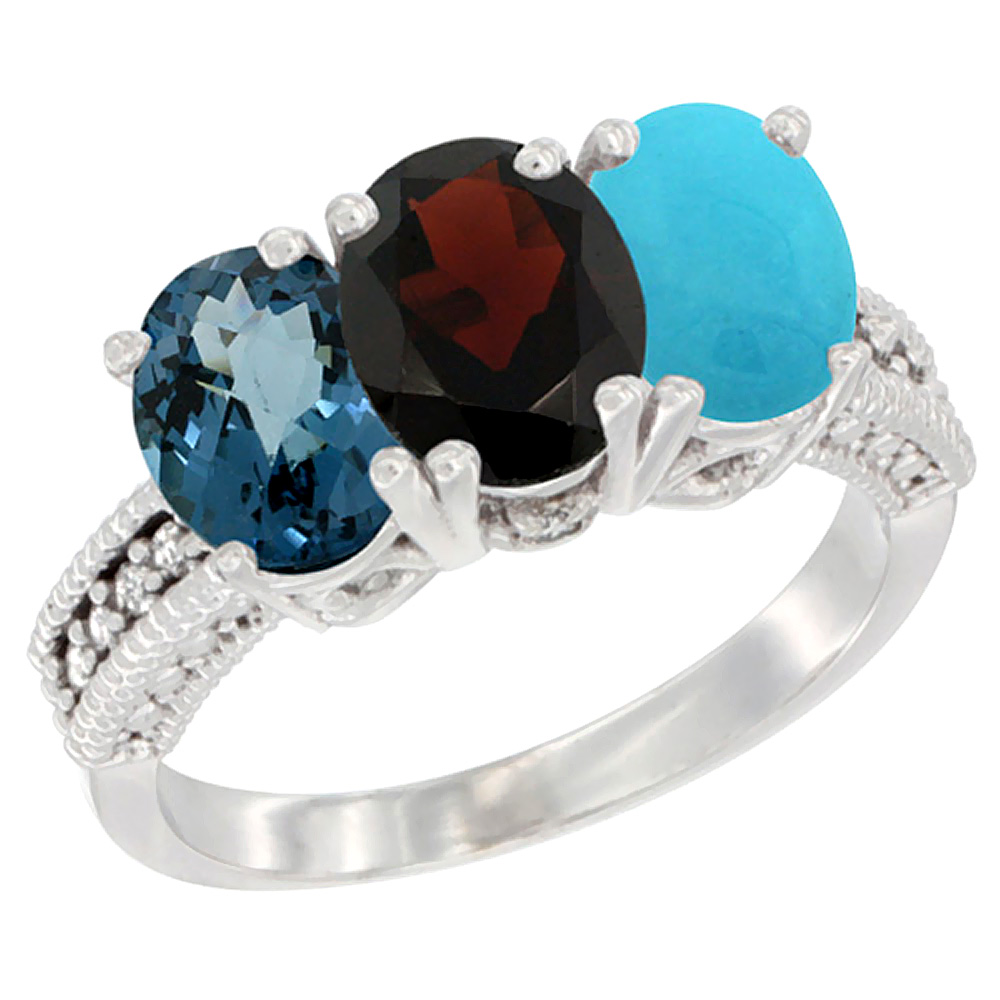 10K White Gold Natural London Blue Topaz, Garnet & Turquoise Ring 3-Stone Oval 7x5 mm Diamond Accent, sizes 5 - 10