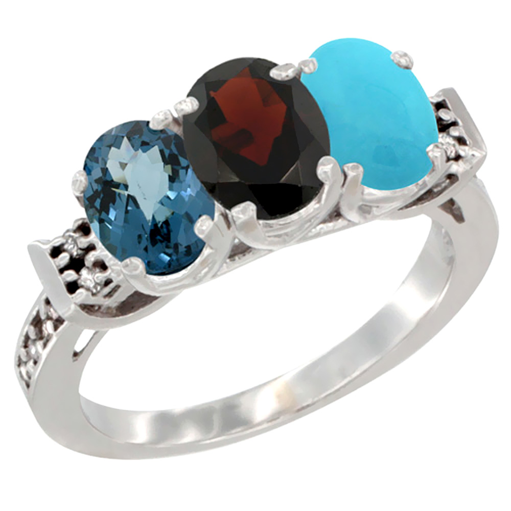 10K White Gold Natural London Blue Topaz, Garnet & Turquoise Ring 3-Stone Oval 7x5 mm Diamond Accent, sizes 5 - 10