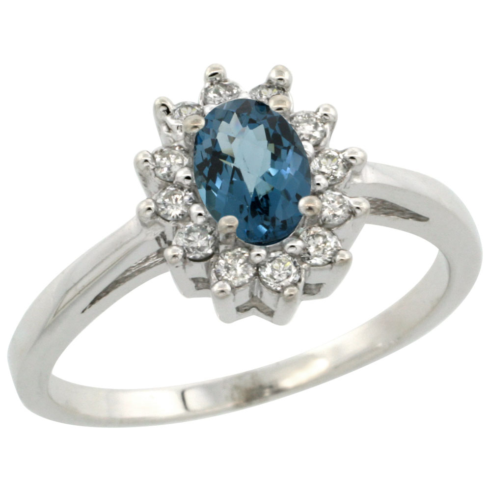 14K White Gold Natural London Blue Topaz Flower Diamond Halo Ring Oval 6x4 mm, sizes 5 10