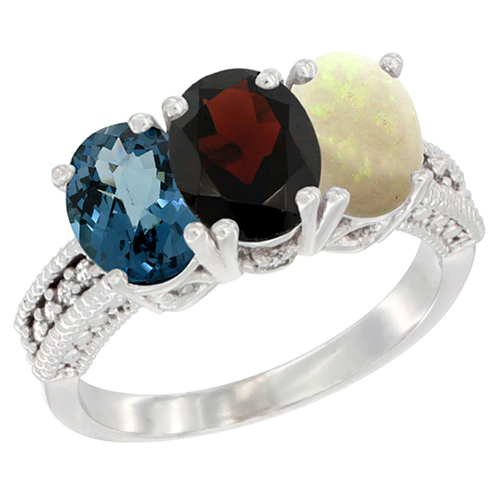 10K White Gold Natural London Blue Topaz, Garnet & Opal Ring 3-Stone Oval 7x5 mm Diamond Accent, sizes 5 - 10