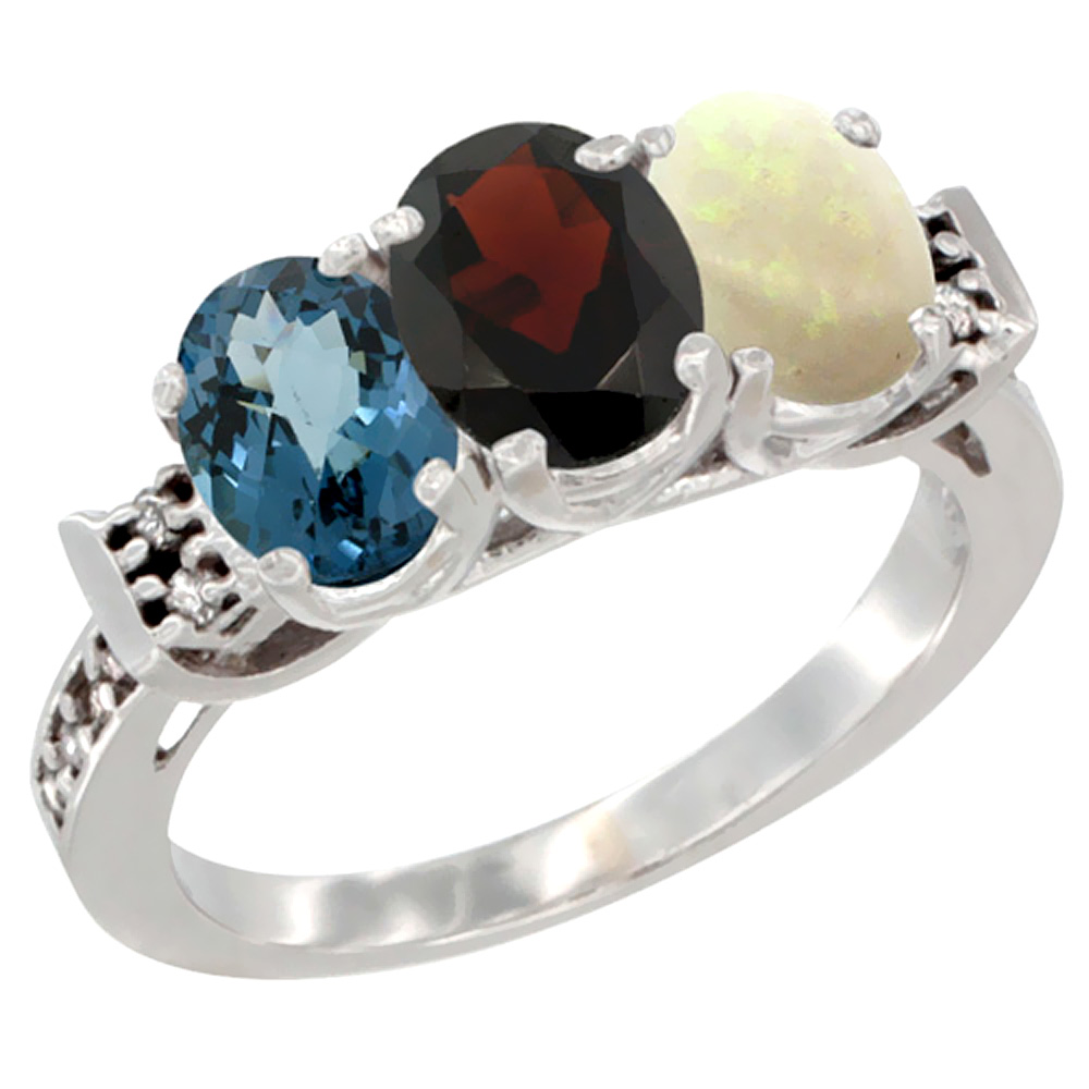 10K White Gold Natural London Blue Topaz, Garnet & Opal Ring 3-Stone Oval 7x5 mm Diamond Accent, sizes 5 - 10