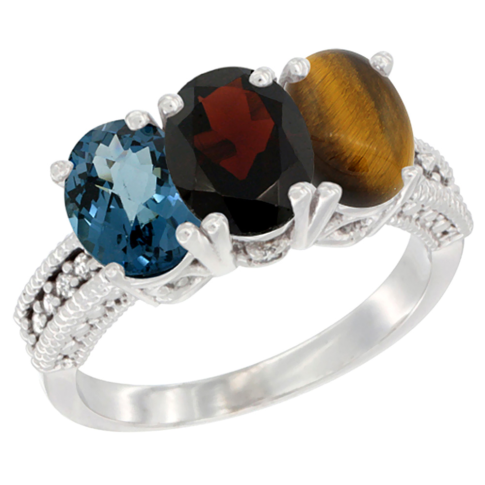 10K White Gold Natural London Blue Topaz, Garnet &amp; Tiger Eye Ring 3-Stone Oval 7x5 mm Diamond Accent, sizes 5 - 10