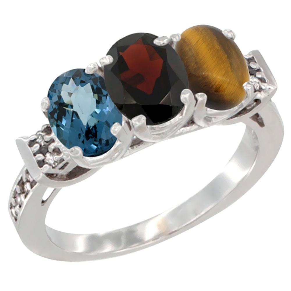 10K White Gold Natural London Blue Topaz, Garnet & Tiger Eye Ring 3-Stone Oval 7x5 mm Diamond Accent, sizes 5 - 10