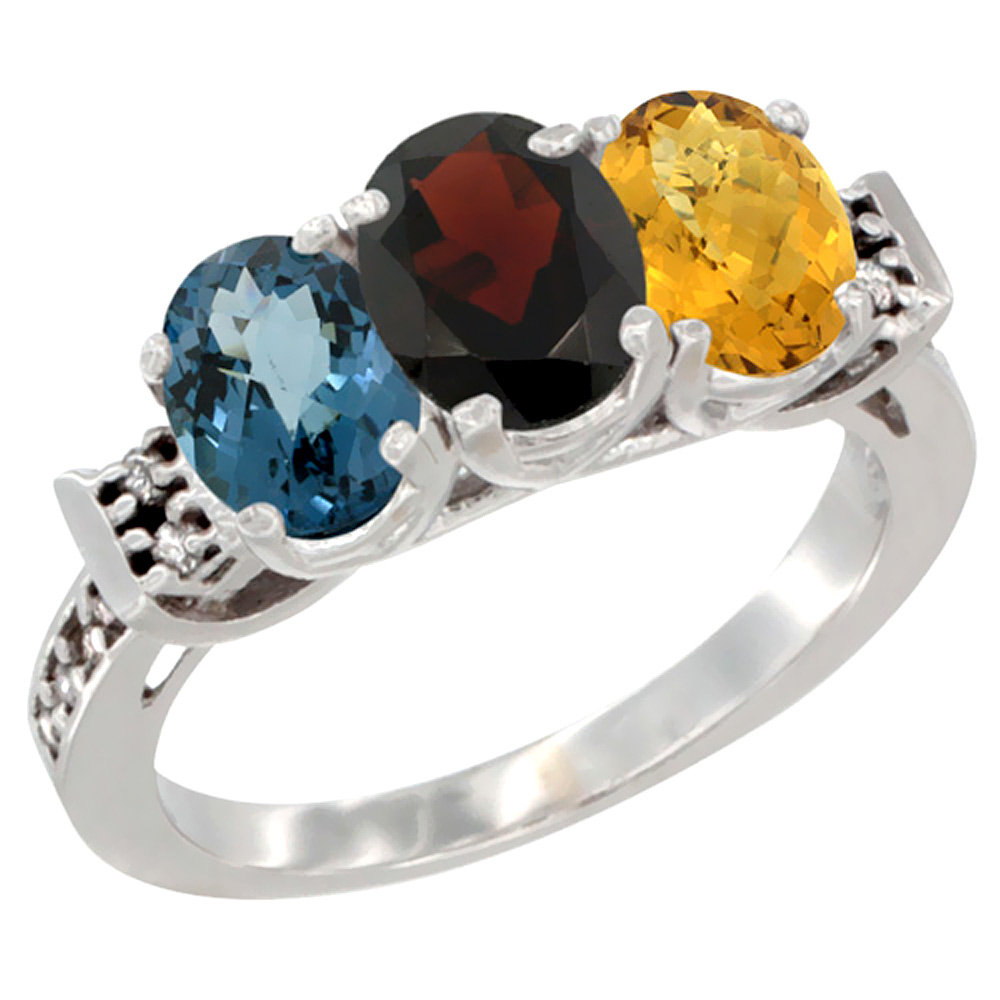 10K White Gold Natural London Blue Topaz, Garnet &amp; Whisky Quartz Ring 3-Stone Oval 7x5 mm Diamond Accent, sizes 5 - 10