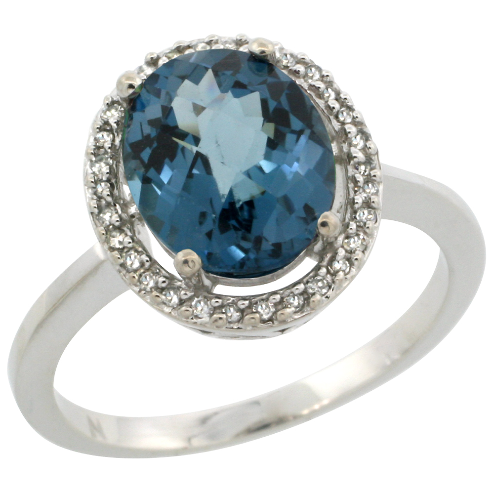 10K White Gold Diamond Halo Natural London Blue Topaz Engagement Ring Oval 10x8 mm, sizes 5-10