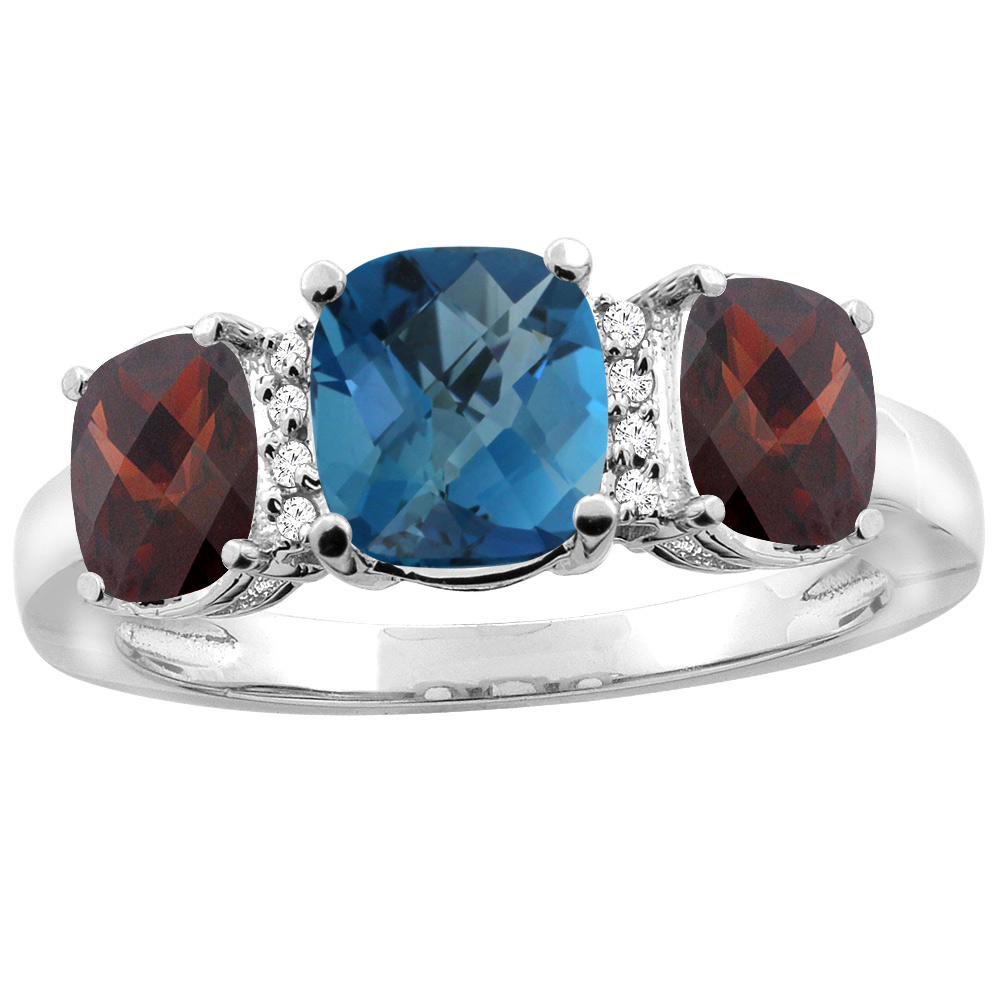 10K White Gold Natural London Blue Topaz & Garnet 3-stone Ring Cushion 8x6mm Diamond Accent, sizes 5 - 10