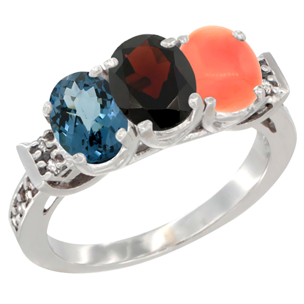 10K White Gold Natural London Blue Topaz, Garnet &amp; Coral Ring 3-Stone Oval 7x5 mm Diamond Accent, sizes 5 - 10