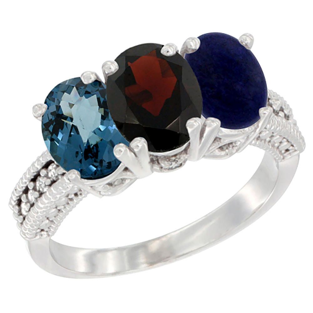 14K White Gold Natural London Blue Topaz, Garnet & Lapis Ring 3-Stone 7x5 mm Oval Diamond Accent, sizes 5 - 10