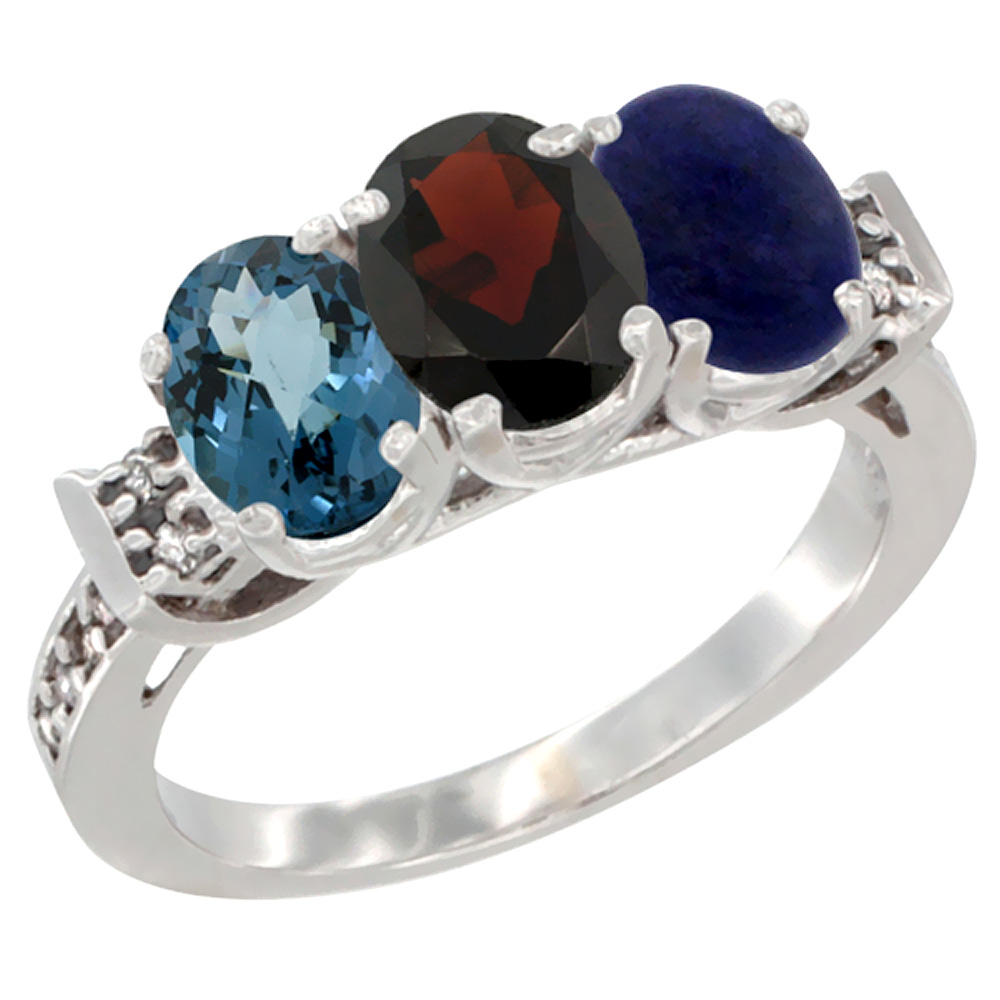 14K White Gold Natural London Blue Topaz, Garnet & Lapis Ring 3-Stone 7x5 mm Oval Diamond Accent, sizes 5 - 10