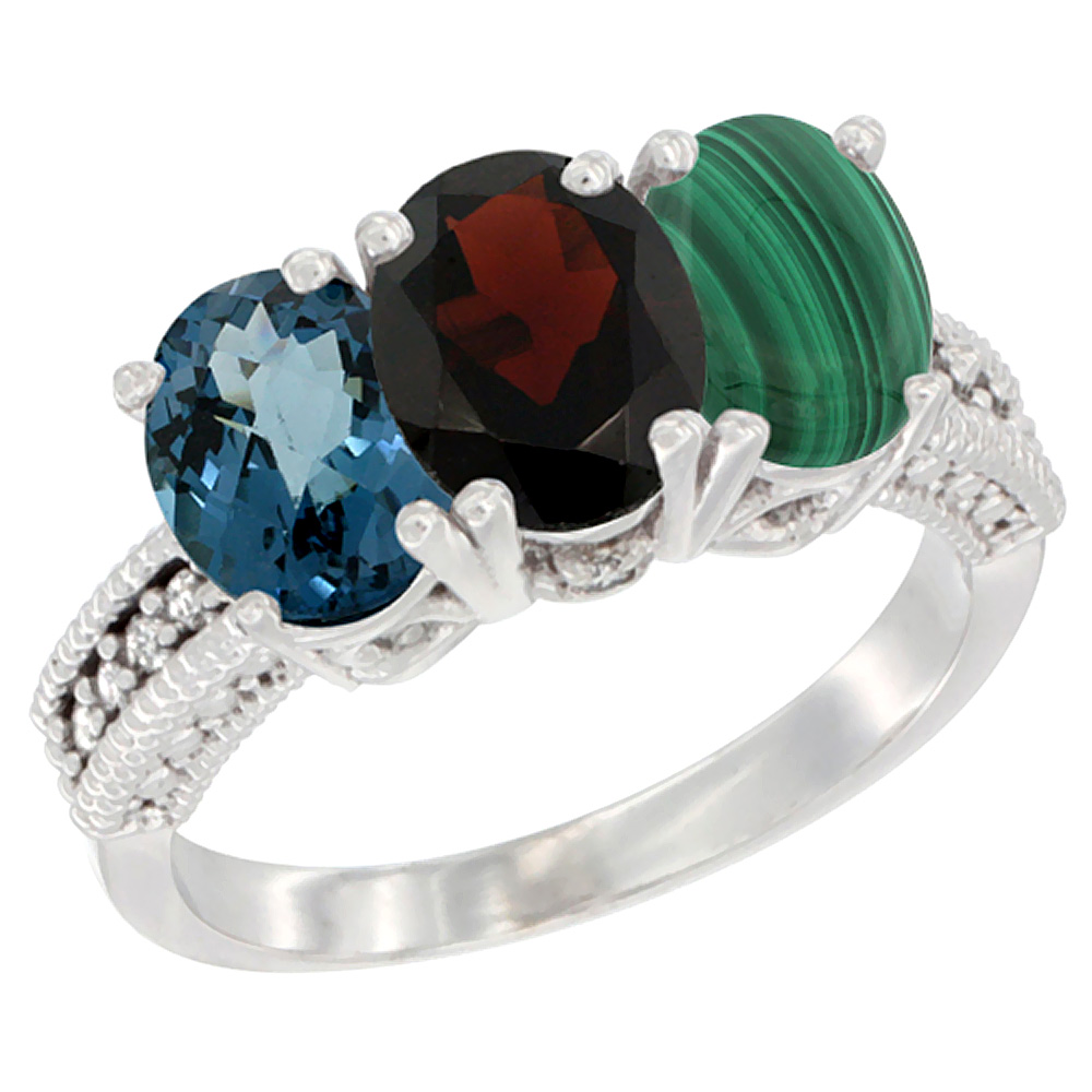 14K White Gold Natural London Blue Topaz, Garnet & Malachite Ring 3-Stone 7x5 mm Oval Diamond Accent, sizes 5 - 10