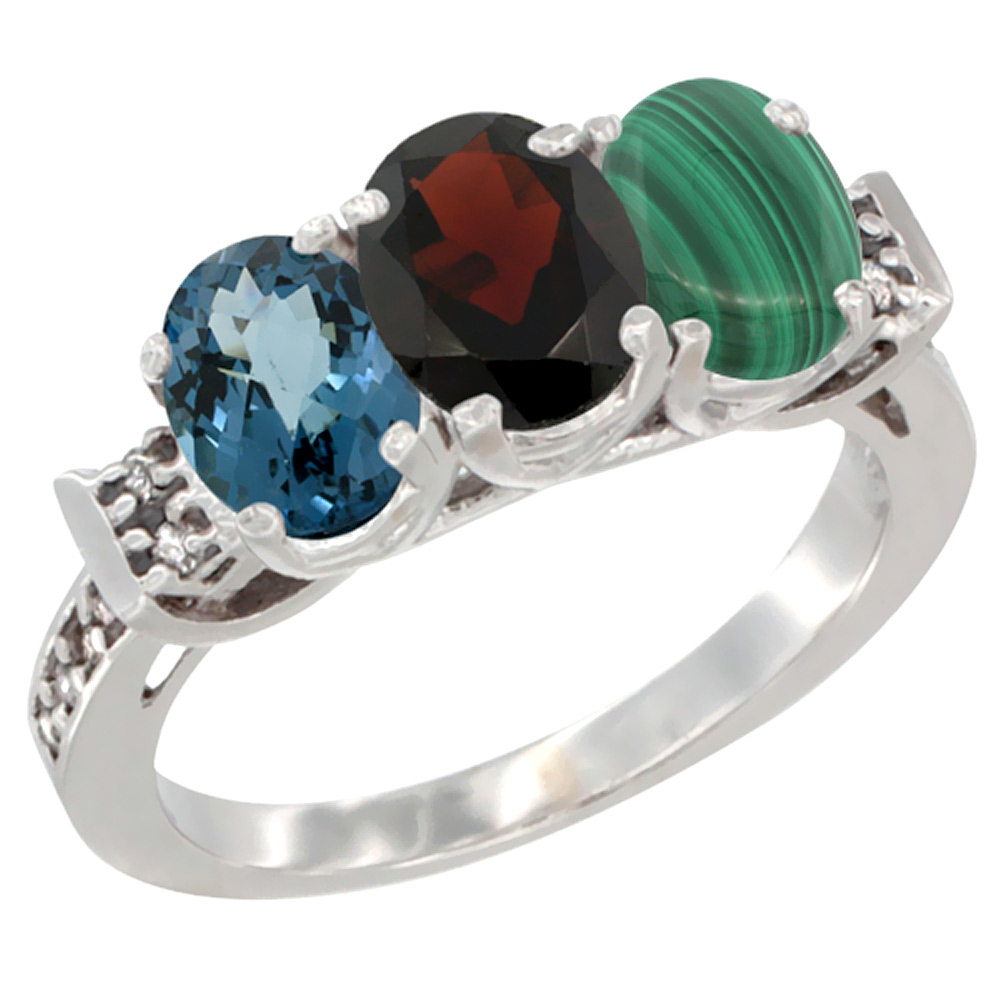 10K White Gold Natural London Blue Topaz, Garnet &amp; Malachite Ring 3-Stone Oval 7x5 mm Diamond Accent, sizes 5 - 10