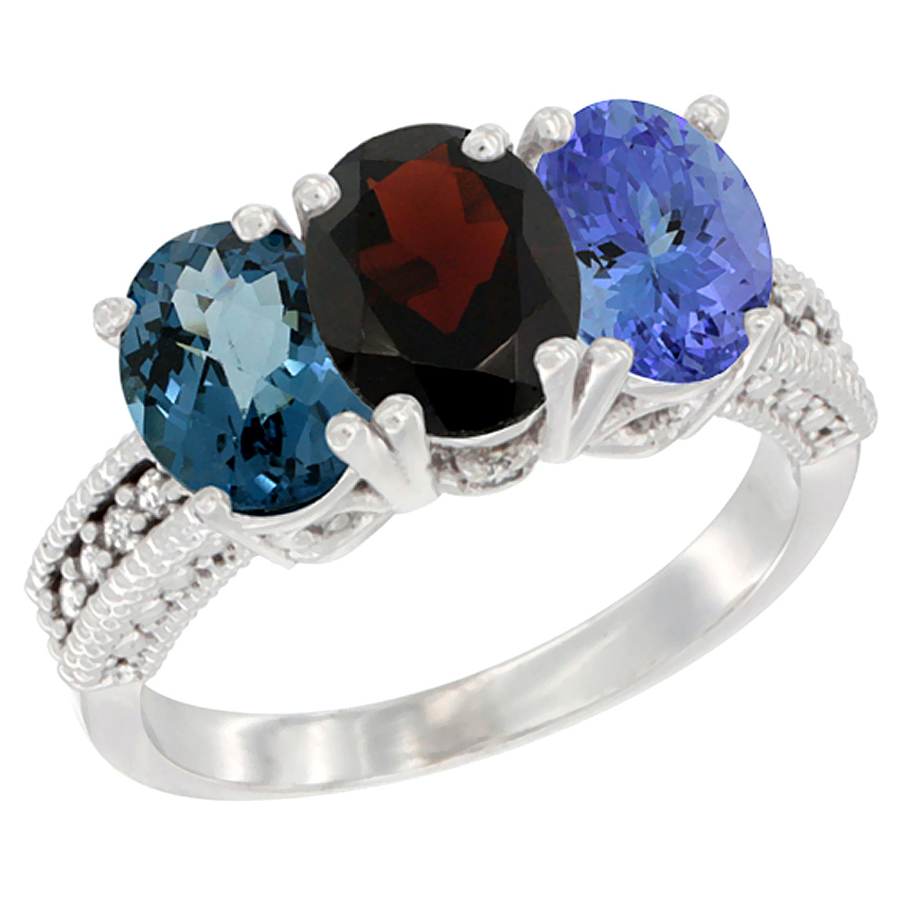 14K White Gold Natural London Blue Topaz, Garnet & Tanzanite Ring 3-Stone 7x5 mm Oval Diamond Accent, sizes 5 - 10