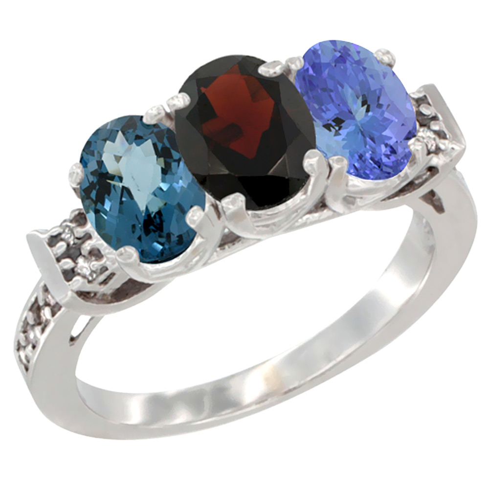 10K White Gold Natural London Blue Topaz, Garnet & Tanzanite Ring 3-Stone Oval 7x5 mm Diamond Accent, sizes 5 - 10