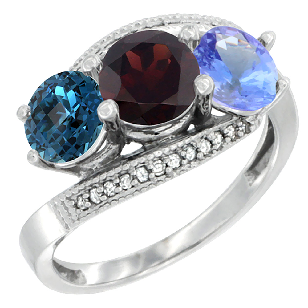 10K White Gold Natural London Blue Topaz, Garnet & Tanzanite 3 stone Ring Round 6mm Diamond Accent, sizes 5 - 10