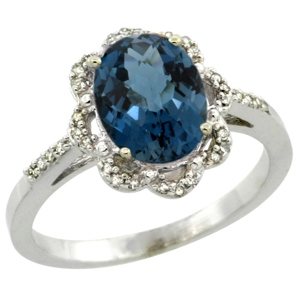 10K White Gold Diamond Halo Natural London Blue Topaz Engagement Ring Oval 9x7mm, sizes 5-10
