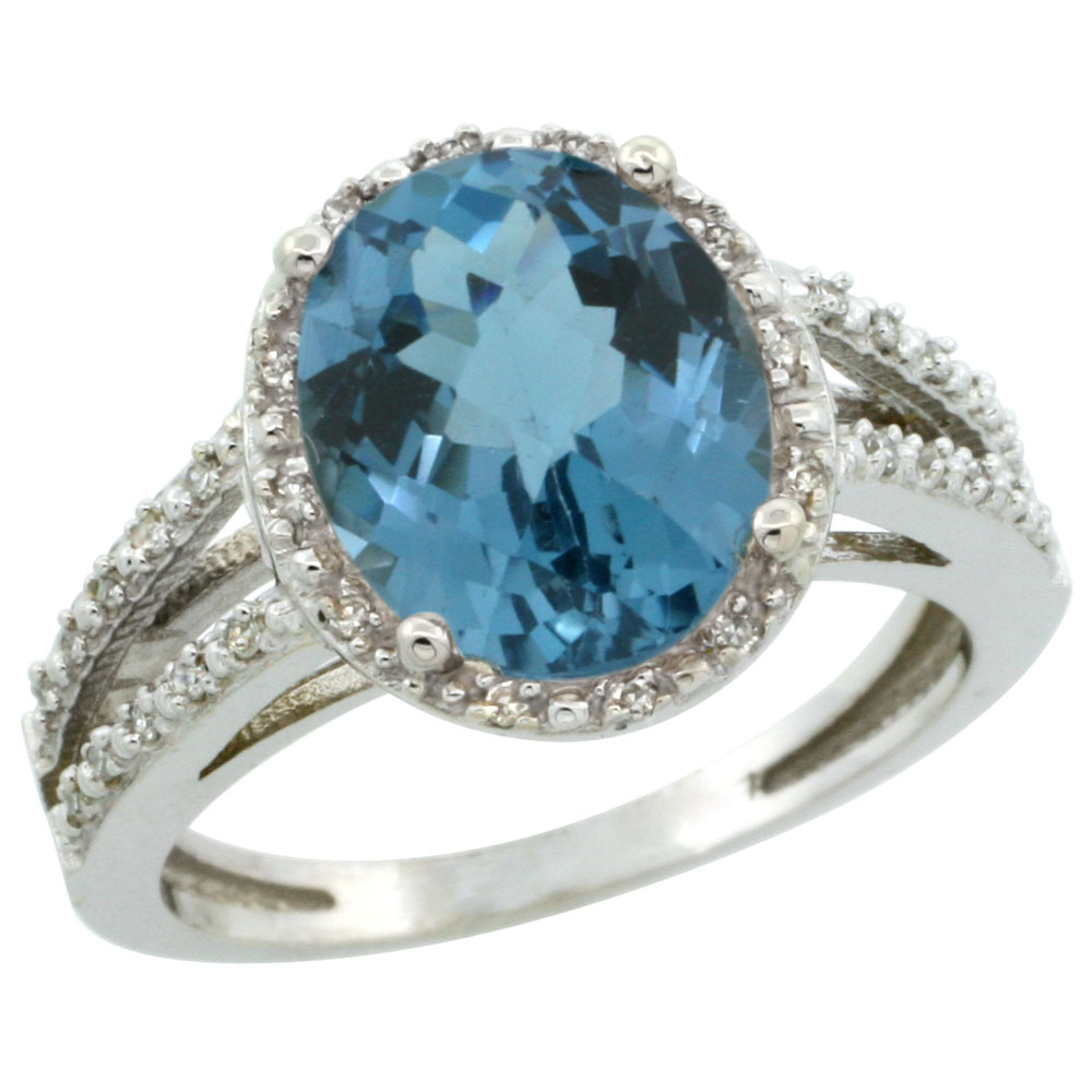 10K White Gold Diamond Natural London Blue Topaz Ring Oval 11x9mm, sizes 5-10