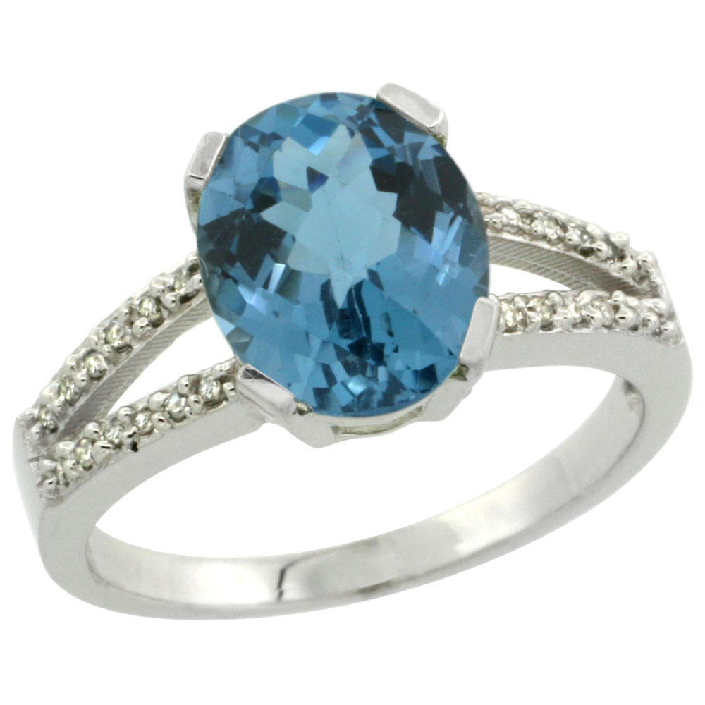 14K White Gold Diamond Natural London Blue Topaz Engagement Ring Oval 10x8mm, sizes 5-10