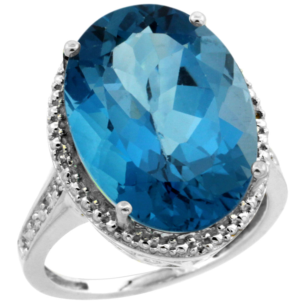 10K White Gold Diamond Natural London Blue Topaz Ring Oval 18x13mm, sizes 5-10