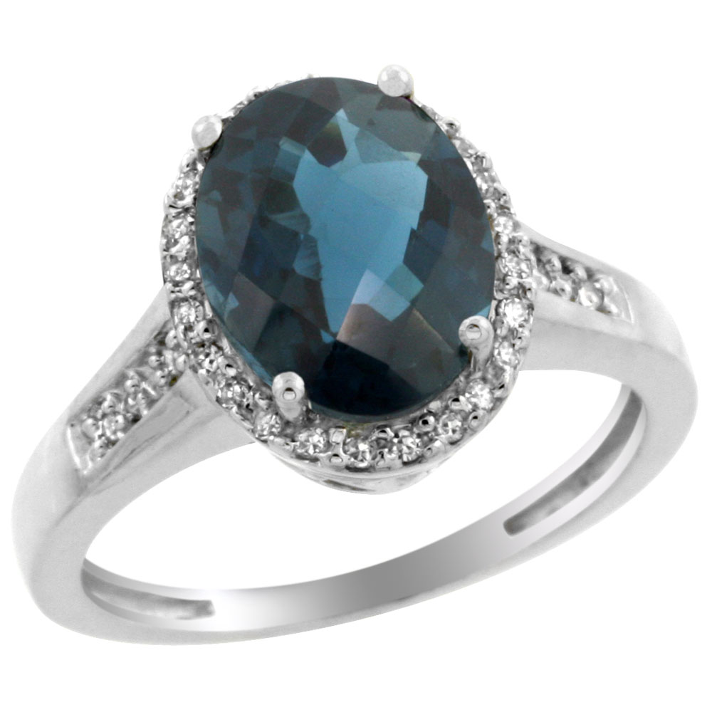 14K White Gold Diamond Natural London Blue Topaz Engagement Ring Oval 10x8mm, sizes 5-10