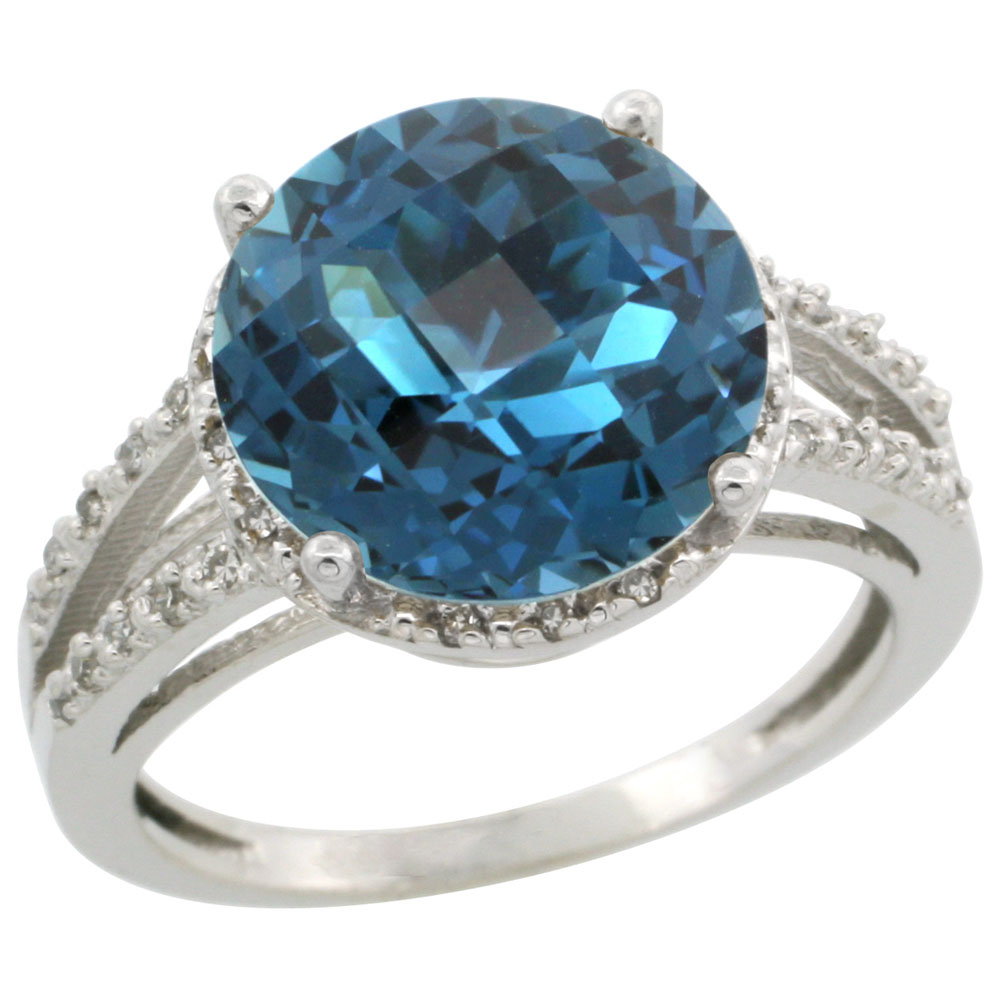 10K White Gold Diamond Natural London Blue Topaz Ring Round 11mm, sizes 5-10