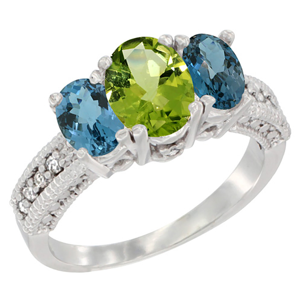 14K White Gold Diamond Natural Peridot Ring Oval 3-stone with London Blue Topaz, sizes 5 - 10