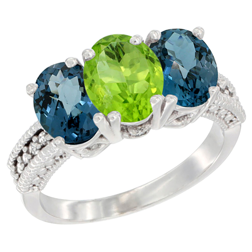 10K White Gold Natural Peridot & London Blue Topaz Sides Ring 3-Stone Oval 7x5 mm Diamond Accent, sizes 5 - 10