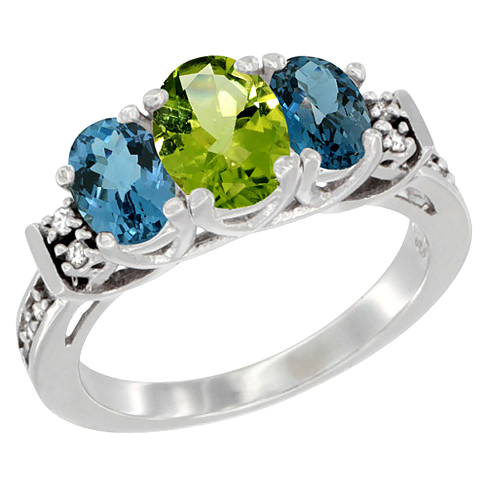 14K White Gold Natural Peridot & London Blue Ring 3-Stone Oval Diamond Accent, sizes 5-10