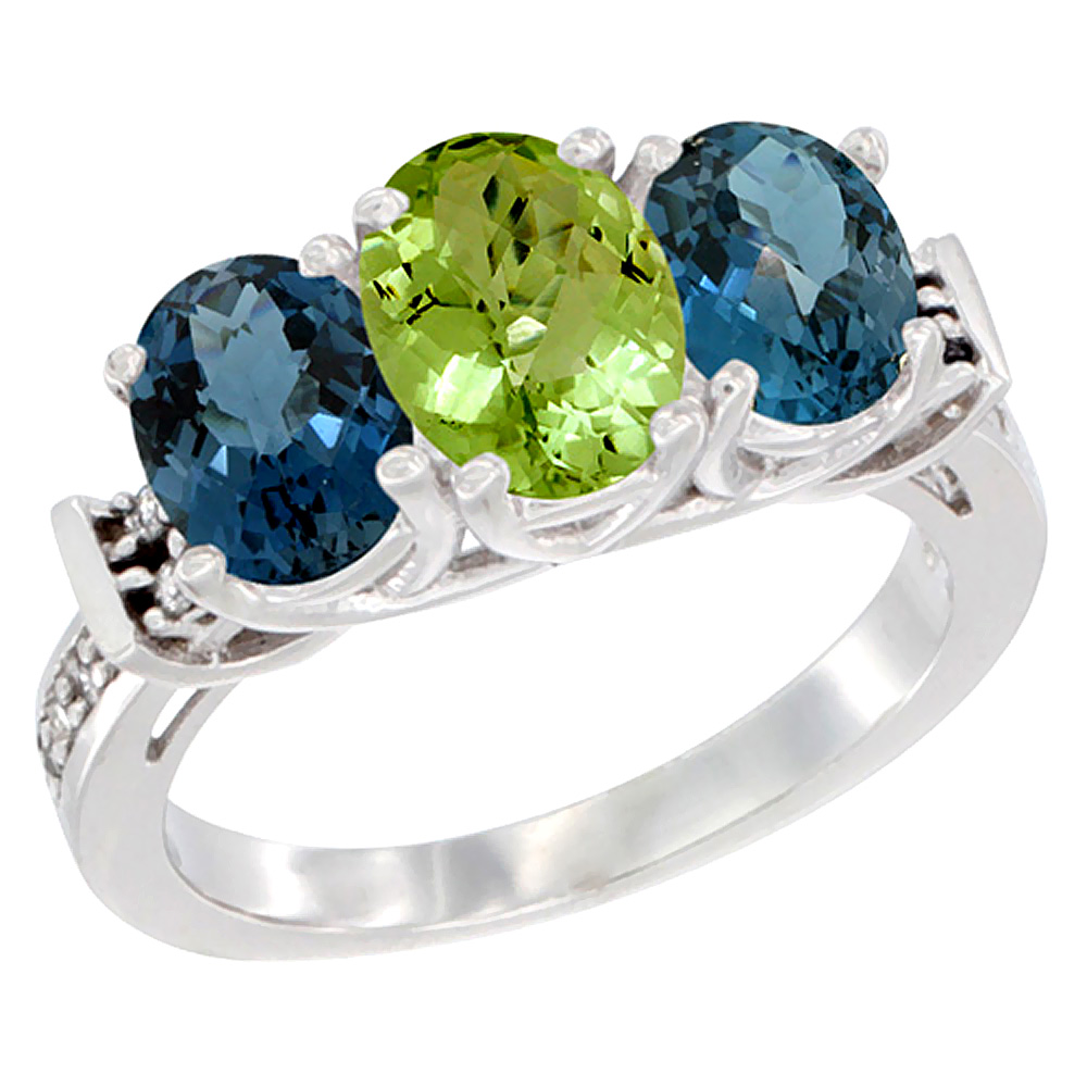 14K White Gold Natural Peridot & London Blue Topaz Sides Ring 3-Stone Oval Diamond Accent, sizes 5 - 10