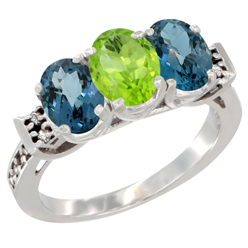 14K White Gold Natural Peridot & London Blue Topaz Sides Ring 3-Stone 7x5 mm Oval Diamond Accent, sizes 5 - 10