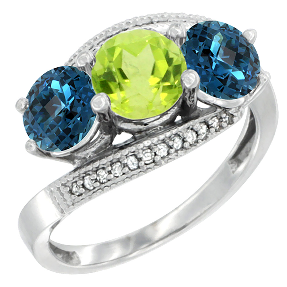 10K White Gold Natural Peridot & London Blue Topaz Sides 3 stone Ring Round 6mm Diamond Accent, sizes 5 - 10