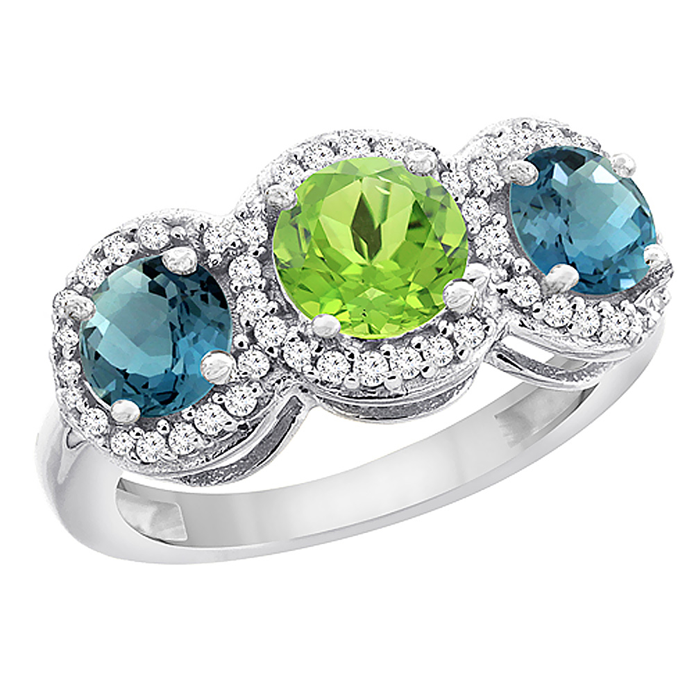 14K White Gold Natural Peridot & London Blue Topaz Sides Round 3-stone Ring Diamond Accents, sizes 5 - 10