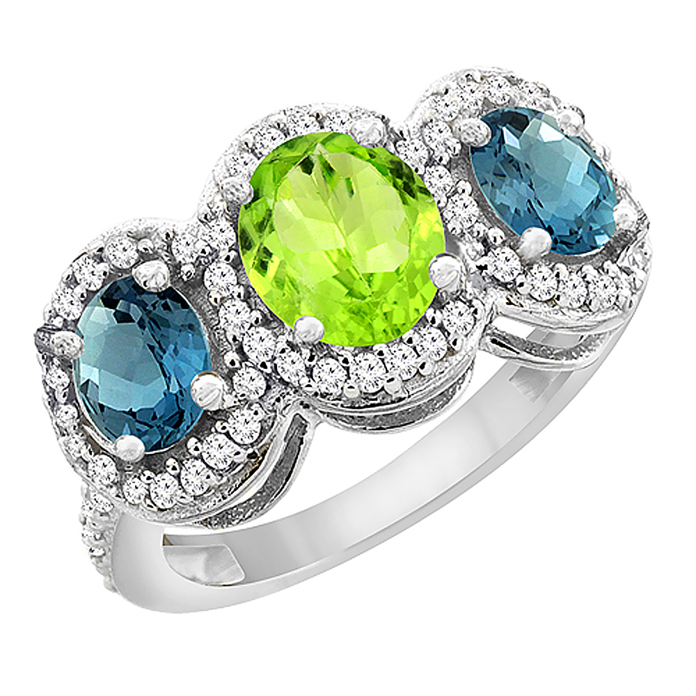 10K White Gold Natural Peridot & London Blue Topaz 3-Stone Ring Oval Diamond Accent, sizes 5 - 10