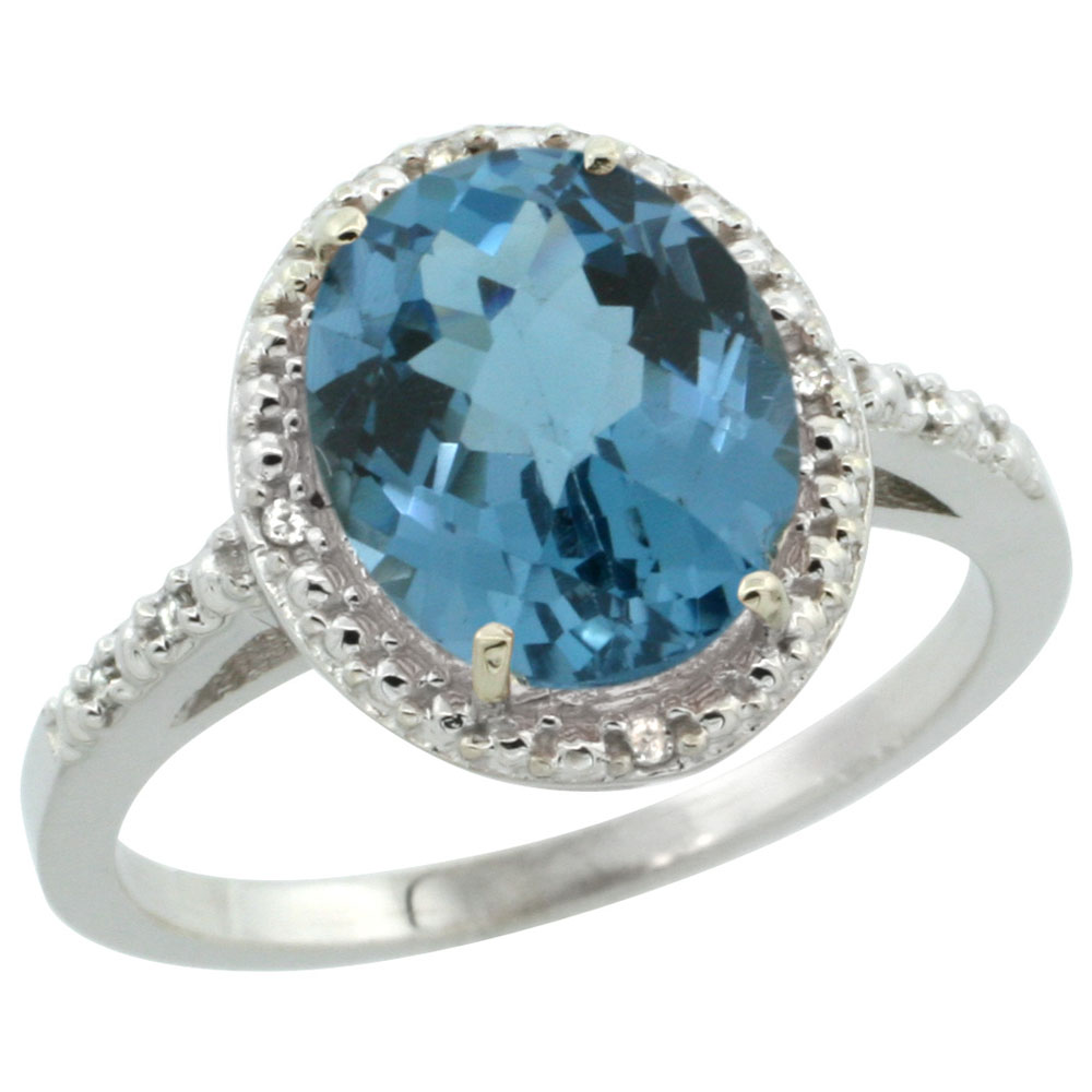 10K White Gold Diamond Natural London Blue Topaz Engagement Ring Oval 10x8mm, sizes 5-10