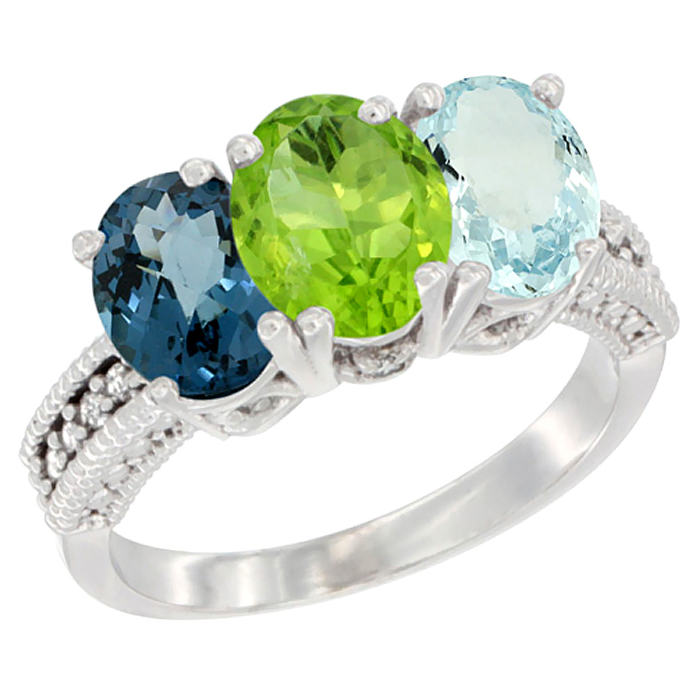 14K White Gold Natural London Blue Topaz, Peridot & Aquamarine Ring 3-Stone 7x5 mm Oval Diamond Accent, sizes 5 - 10