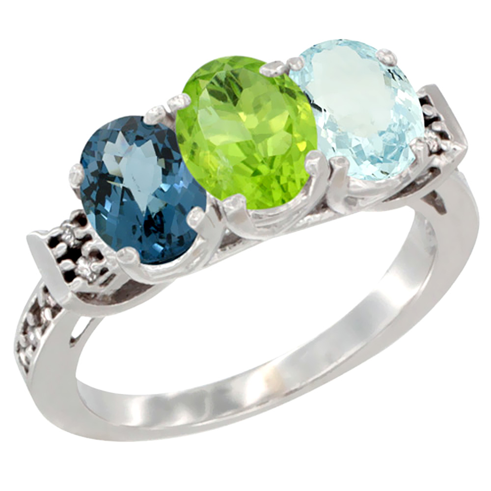 14K White Gold Natural London Blue Topaz, Peridot & Aquamarine Ring 3-Stone 7x5 mm Oval Diamond Accent, sizes 5 - 10