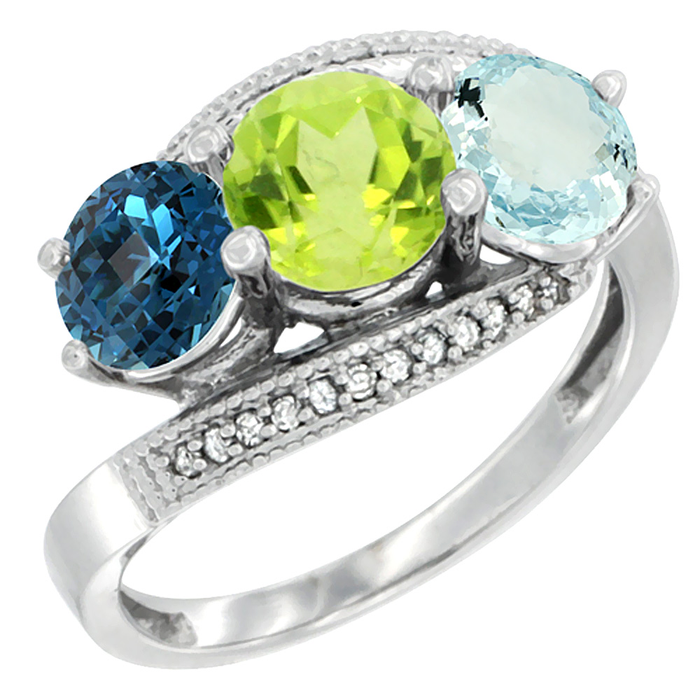 14K White Gold Natural London Blue Topaz, Peridot &amp; Aquamarine 3 stone Ring Round 6mm Diamond Accent, sizes 5 - 10