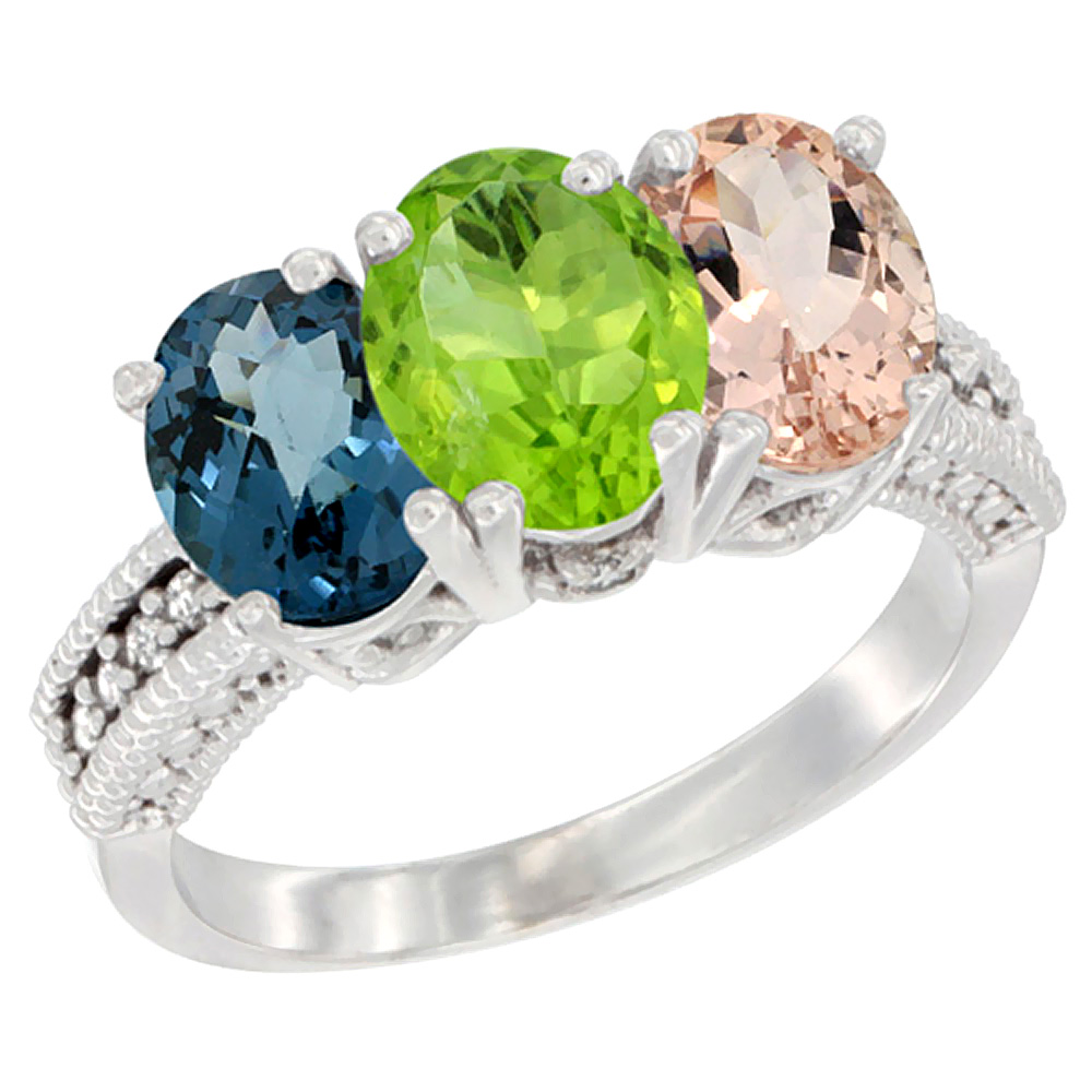 10K White Gold Natural London Blue Topaz, Peridot & Morganite Ring 3-Stone Oval 7x5 mm Diamond Accent, sizes 5 - 10